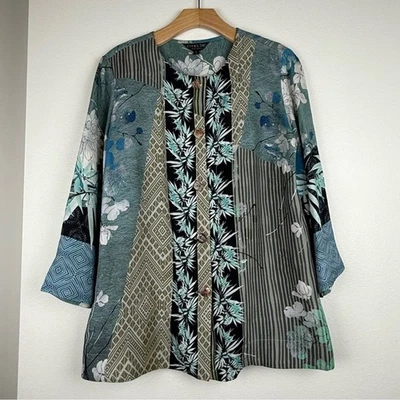 Citron Santa Monica Teal Floral Leaf Print Patchwork Silk Blouse Womens Small - Image 1 of 4