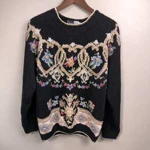 Vintage Beldochpopper Damen schwerer Strick Artsy Pullover L dunkel geblümt Oma reif - Bild 1 von 11