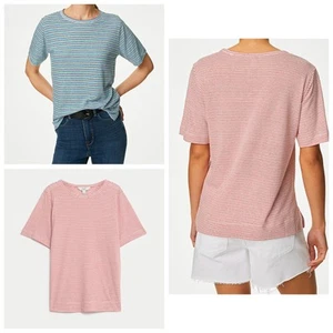 M&S Linen blend striped short sleeve crew neck T- shirt size 8/10/12/14/16/18/20 - Picture 1 of 8
