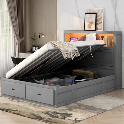 Wood Full Size Hydraulic Platform Bed with Storage LED Headboard,ChargingStation - Image 1 of 4
