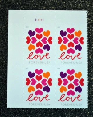2019USA #5339 Forever Love Series (Heart Blossoms)  - Plate Block of 4 - Mint NH - Image 1 of 4