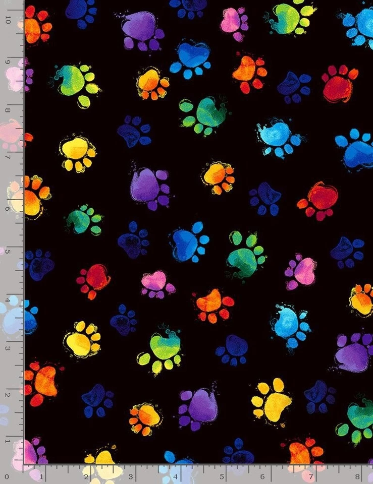 Animal Fabric - Rainbow Paint Paw Print Toss Black - Timeless Treasures YARD - Image 1 of 1