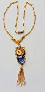 Vtg GOLDETTE Victorian Leon Tassel Dangle Pendant Dichroic Glass Charm Necklace - Picture 1 of 9