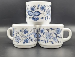 Arcopal France Honorine Blue & White Coffee Tea Mugs Cups Milk Glass Set Of 3 - Picture 1 of 5