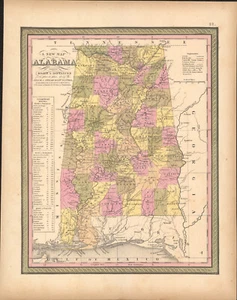 1850 Alabama by Mitchell antique map ~17.2" x 13.5" Hand colored - Pastel - Picture 1 of 4