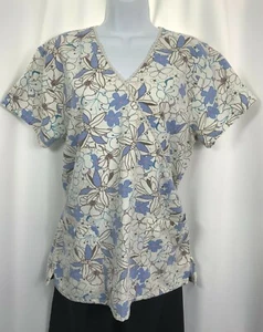 MG MEDGEAR Womens Size Medium Blue Brown Floral Stretch V-Neck Tie Scrubs Top - Picture 1 of 6
