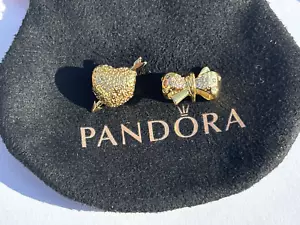 2x Gold Pandora Sparkling Bow And Heart Charm Pendants | Never Worn Display - Picture 1 of 4