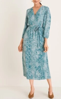 CHICO'S 3 = XL  16/18 Teal Snake Print Midi Dress Blouson Belted Surplice V Neck - Image 1 of 4