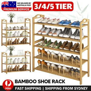Storage Organizer 3-5 Tiers Layers Bamboo Shoe Rack Wooden Shelf Stand ShelvesAU - Picture 1 of 13