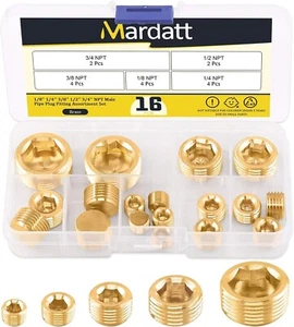 16Pcs Brass NPT Plug Assortment Kit 5 Sizes1/8" 1/4" 3/8" 1/2 "3/4" Internal hex - Picture 1 of 7