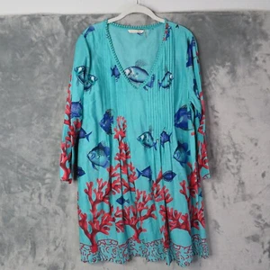 SOFT ENVIRONMENT Seychellen Koralle Perlen Tunika Damen L Kleid Kaftan Blau Fisch - Bild 1 von 12