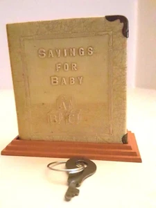 COLLECTIBLE SAVINGS FOR BABY ABC BANK COINS/BILLS WITH KEY c1930s ZELL PROD CO - Picture 1 of 12
