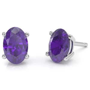 Amethyst 8x6mm Oval Stud Earrings In 14k White Gold - Picture 1 of 8