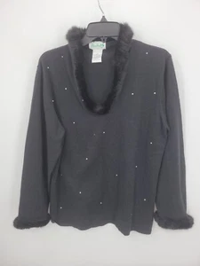 Quacker Factory Sweater Womens Large Black Fur Trimmed Collar Rhinestones - Picture 1 of 7