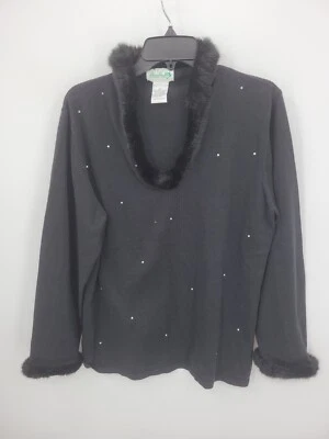 Quacker Factory Sweater Womens Large Black Fur Trimmed Collar Rhinestones - Image 1 of 4