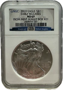 Silver Eagle 2010 $1 lanzamiento anticipado como nuevo 69 de caja sellada como nuevo NGC #200869-247 - Imagen 1 de 2