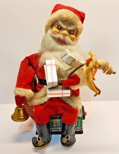 Vintage 1950s Tin Santa Sitting on a House with Gifts & Bell.  9" Tall - Picture 1 of 6