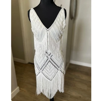 Weißes Pailletten Fransen kleines Flapper Kleid Gatsby Silvester Party Art Deco BABEYOND - Bild 1 von 4