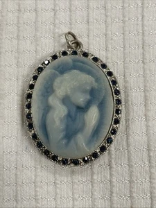 Silver Toned Angel Praying Cameo Pendant with Blue Gemstone Border - Picture 1 of 4