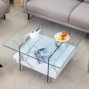 31.4 Inch Modern Two-Tier Square Coffee Table Glass Marble Pattern Center Table - Picture 1 of 22