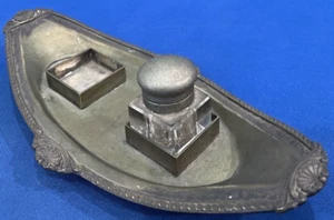 Antique W&H Victorian Footed Engraved Silver Plate Double Inkwell Hinged Lid - Picture 1 of 14