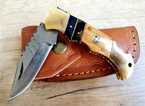 beige hunting survival handmade folding DAMASCUS knife with leather sheat A plus