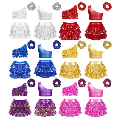 UK Kids Girls Set Headwear Outfit Sequins Suit Ballet Costume Latin Competition - Image 1 of 4