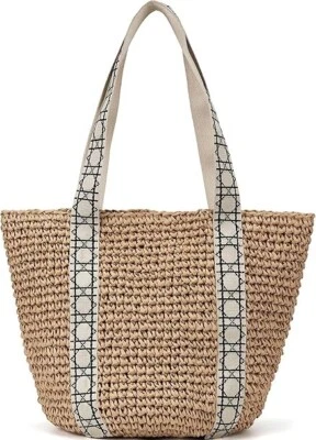 Large Beach Straw Tote Bag Shoulder Purse With ColorBlock Handles - Image 1 of 2