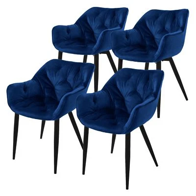 Lot de 4 chaises de salle à manger assise bleu foncé en velours pieds métal noir - Photo 1/4