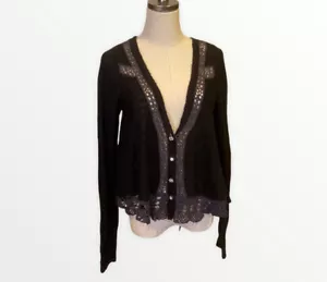 Free People Black Button Up Low V Neck Cardigan Gray Lace Top Small - Picture 1 of 6