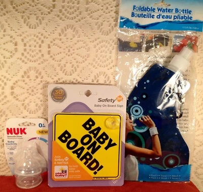 Pezones de flujo suave NUK + Letrero de seguridad para primer bebé a bordo + Biberón de agua plegable Foto 1 de 4