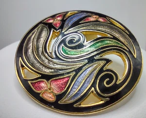 Vintage Round Brooch/Pin Cloisonne Colorful Flower Leaf Design Pink Green G/T - Picture 1 of 7