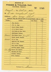 1942 Higgs & Young Inc. Delivery Receipt Vintage Staunton, VA Order Form WW2 Era - Picture 1 of 2