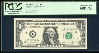FR. 1911-L 1981 $1 FRN FEDERAL RESERVE NOTE SAN FRANCISCO, CA PCGS GEM UNC-68PPQ - Image 1 of 2