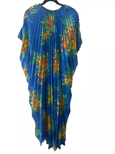 Vintage blau Blumen Plissee Kimono Kaftan Kleid mit orange Hibiskus Print - Bild 1 von 4
