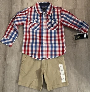 Boys 4T Polo Long Sleeve Shirt & Cat&Jack Flat-Front Shorts - Picture 1 of 5