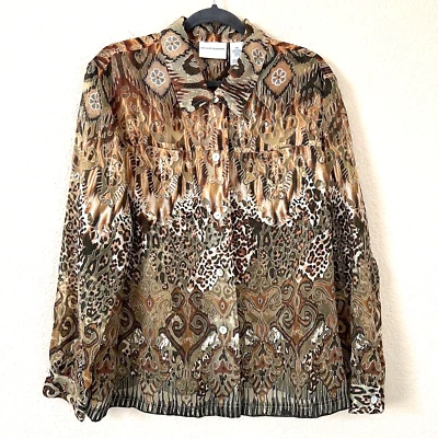 Top semi transparente Alfred Dunner talla 18W para mujer mezcla de lino marrón safari guepardo Foto 1 de 4