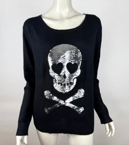 Wildfox White Label Silver Sequin Skull Sweater S EUC Long Sleeve Round Neck - Picture 1 of 10