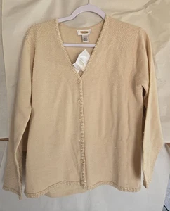 NEW Small TALBOTS Creamy Beige 100% Wool Cardigan with Pearl Adorning MSRP $118 - Picture 1 of 12