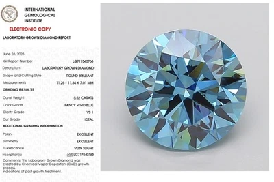 5.52 Round Lab Grown Diamond Engagement Ring IGI Certify Fancy Vivid  Blue VS1 - Image 1 of 4