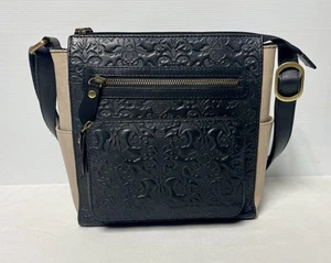 Colorado Leather Handbag Shoulder Bag Black Brown Embossed Pattern Zip GUC - Foto 1 di 11