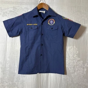 Boy Scout Youth Medium Button Up Shirt Navy Patches Crossroads of America Flag - Picture 1 of 9
