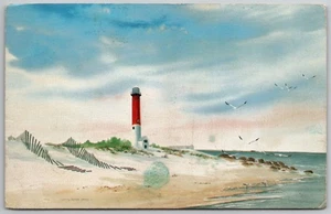 c1985 Barnegat New Jersey Lighthouse Watercolor Beach Painting Postcard - Picture 1 of 2