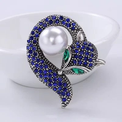 Broche de zorro de otoño vintage azul cristal perla plata animal prendedor otoño joyería regalo Foto 1 de 4