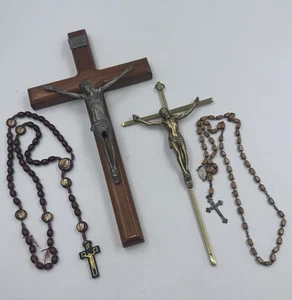 Vintage Crucifix Christ On Cross & Rosary Lot Wood/Pewter Brass & Prayer Beads - Picture 1 of 7