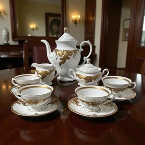 Vintage 1960s Walbrzych Wawel Poland Baroque Heavy Gold White Coffee Pot Set - Picture 1 of 18