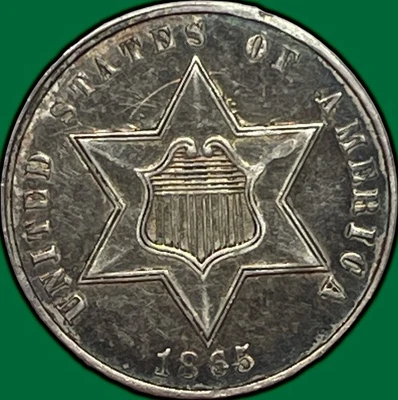 1865 Three Cent Silver Trime Proof Almost Uncirculated AU Coin, Cleaning #29825 - Image 1 of 4
