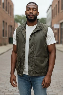 St. John’s Bay Men’s Util Field Vest Olive Green Plaid Lined Zip Front Size 2XL - Image 1 of 4