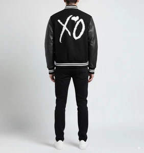 The Weeknd XO Varsity Jacket Black Bomber Wool Letterman Leather Sleeves Jacket - Picture 1 of 4