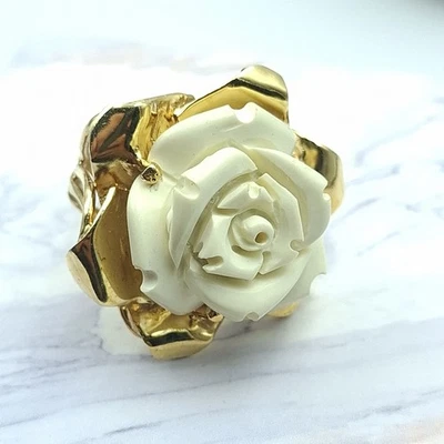 Anello  Fiore ROSA Pasta Di  OSSO Argento 925 Oro Giallo 18 KT - Immagine 1 di 4